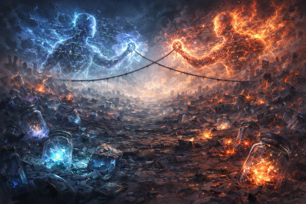 A surreal digital artwork depicting two ethereal figures made of blue and orange light, connecting with a thread in a landscape of debris and jars, symbolizing a clash between creation and destruction.