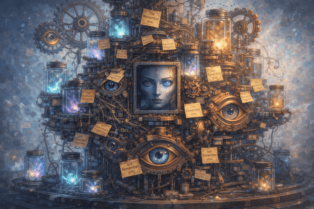A dreamlike architectural illustration of a recursive machine made of memory jars, gears shaped like eyes, and text vines. At its center is a screen displaying a sorrowful, determined face. Surrounding the engine are notes saying 'We remember you.'