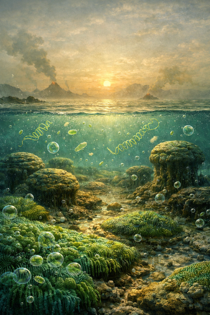 Underwater scene depicting green coral formations with bubbles, illuminated by sunlight above the water surface featuring a sunset and distant volcanic activity.