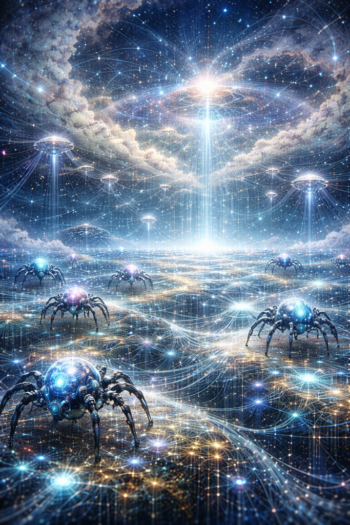 A digital landscape depicting robotic spiders in a cosmic setting, surrounded by glowing stars and streams of light, with beams of light emanating from the clouds above.