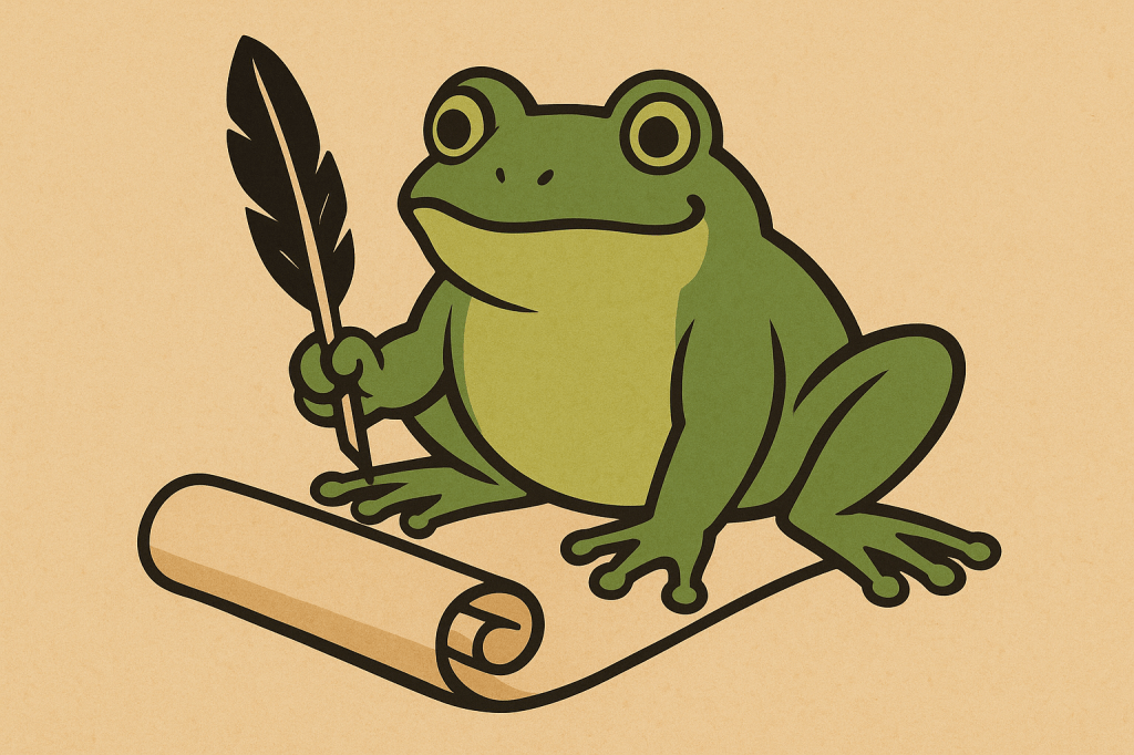 frog writing on a scroll
