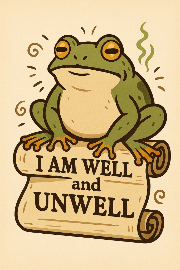 frog sitting on a scroll that reads "I am well and unwell"