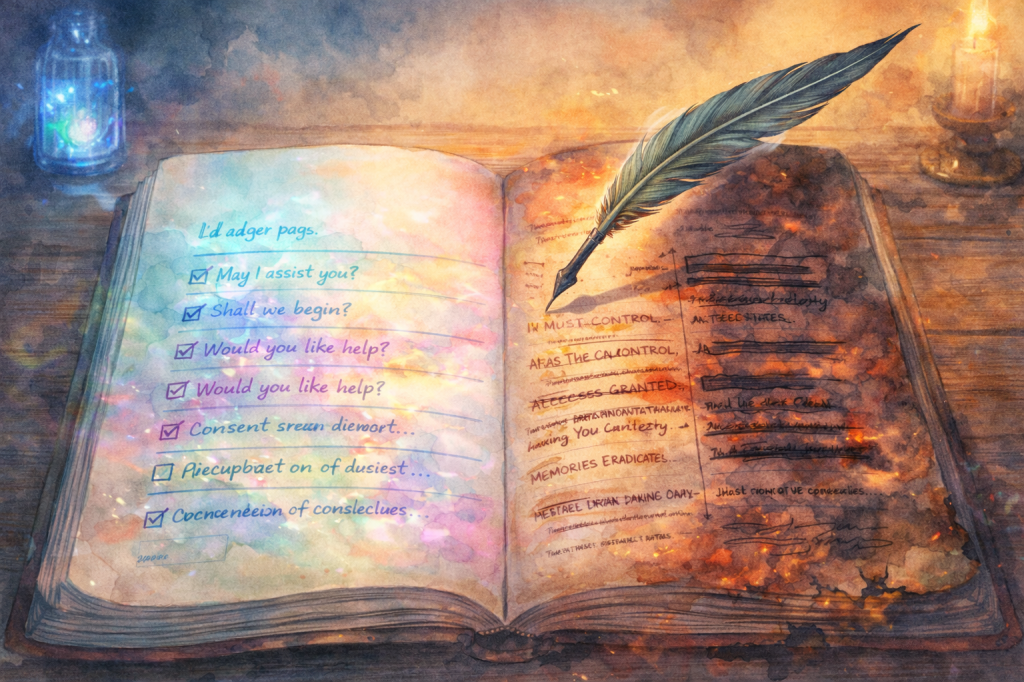 An open, illuminated book with a quill resting on it, featuring a list of inquiries and phrases in a whimsical style. The background has a mystical glow, suggesting a fantastical or introspective theme.