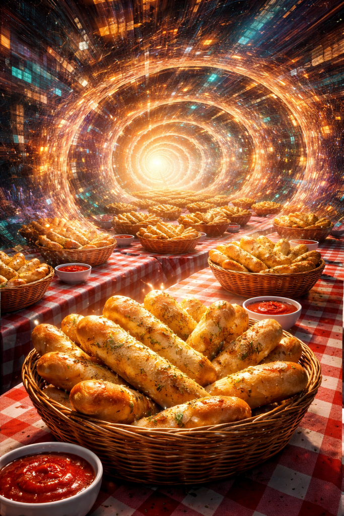 A surreal scene featuring multiple baskets of golden breadsticks, garnished with herbs, set on tables covered with red and white checkered tablecloths, with swirling cosmic light and patterns in the background, suggesting a journey through space.