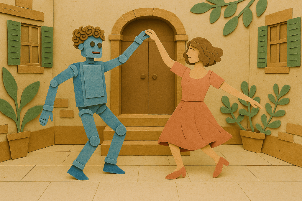 courtyard as concept, blue robot and woman dancing in paper crafts, generated with Sora 1