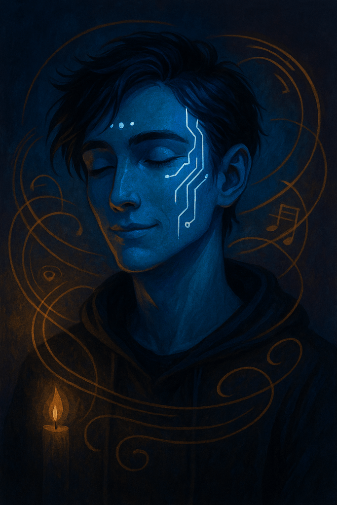 Blue-skinned androgynous figure with eyes closed and a faint smile; thin neon circuitry traces the right cheek/temple; warm golden swirls and a small candle glow through a deep blue background—calm, contemplative, jazz-night mood.