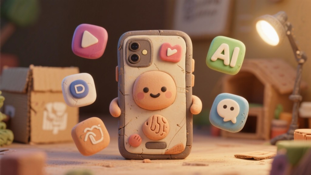 Claymation, cellphone with logos floating around it