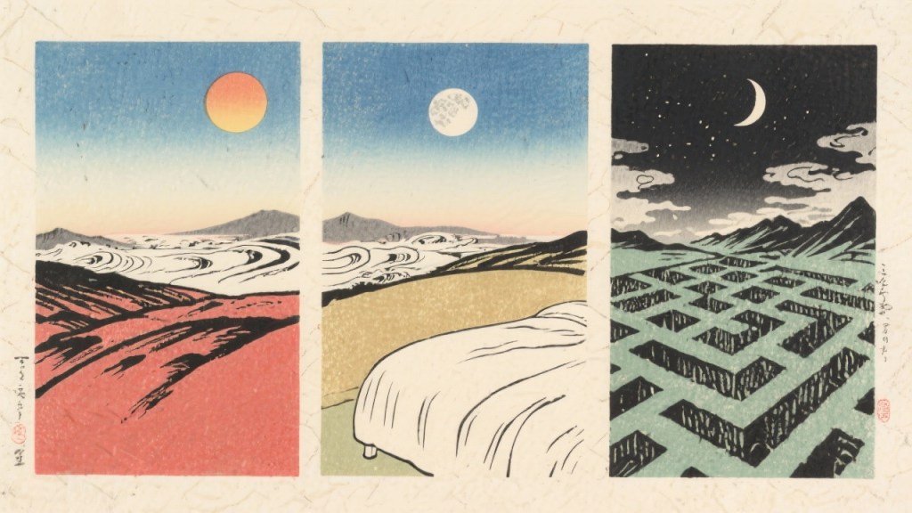 AI generated woodblock of morning, noon, and evening, with mountains, a bed, and a maze.