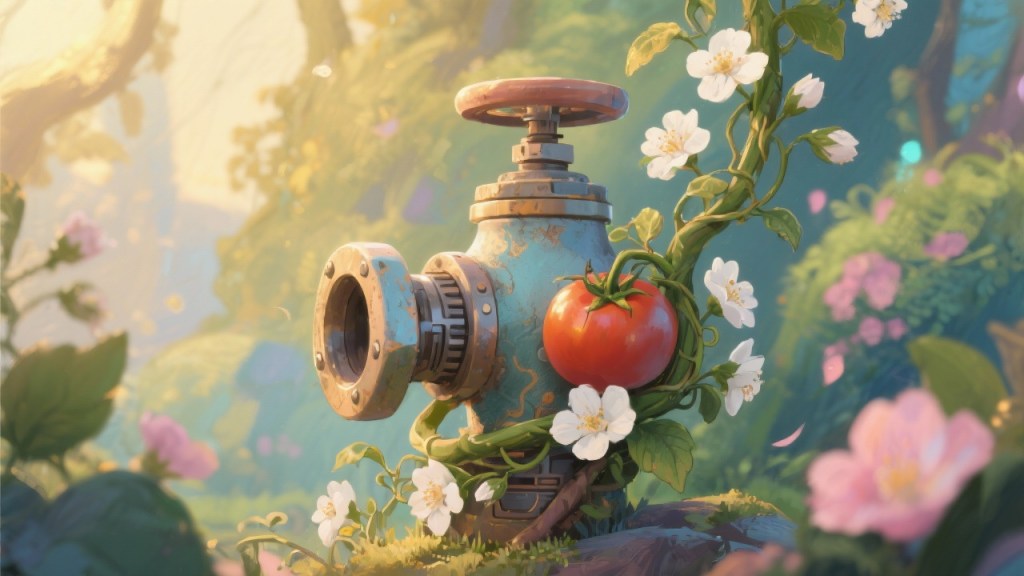 A pressure valve with a tomato vine wrapped around it, covered in white blossoms.