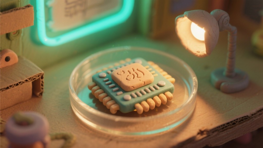 Claymation, computer ship in a petri dish, neon lit