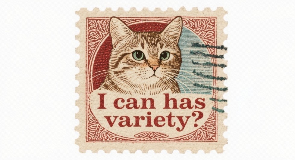 stamp that reads "I can has variety?" with a cat meme