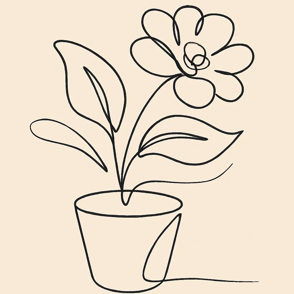 A minimalist line drawing of a flower with leaves in a pot on a beige background.