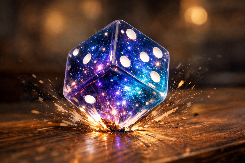 A close-up image of a galaxy-themed die on a wooden surface, emitting sparks and light effects as it appears to be rolling.