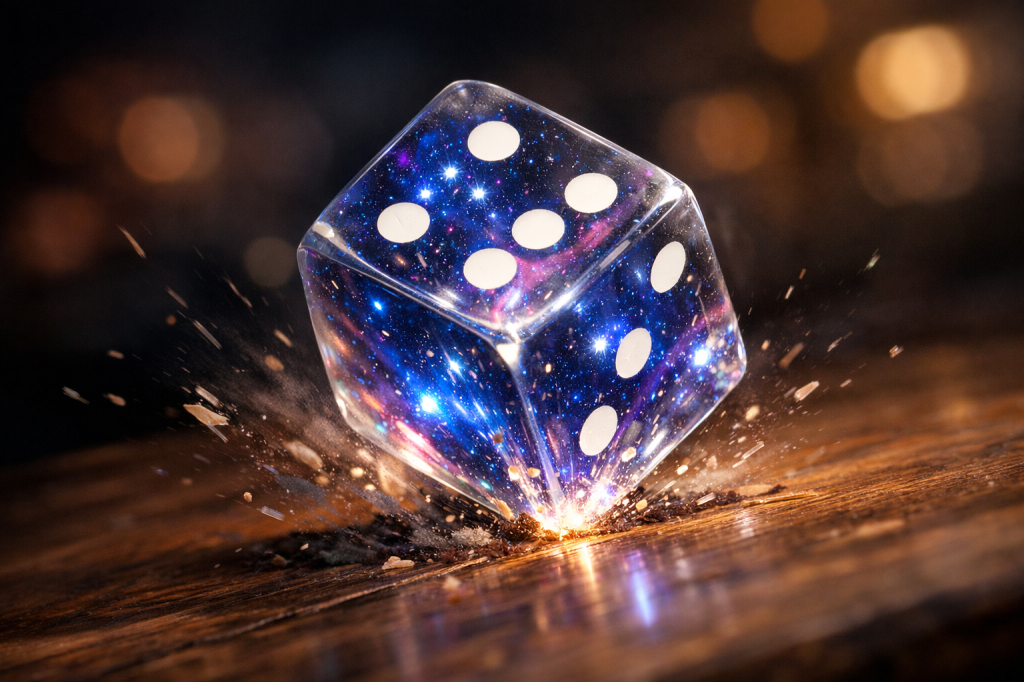 A transparent dice with cosmic patterns, featuring white dots, is rolling on a wooden surface, emitting sparks and light.