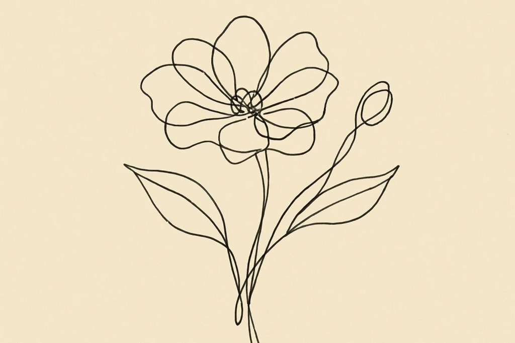 A minimalist line drawing of a flower with leaves and a bud on a light beige background.