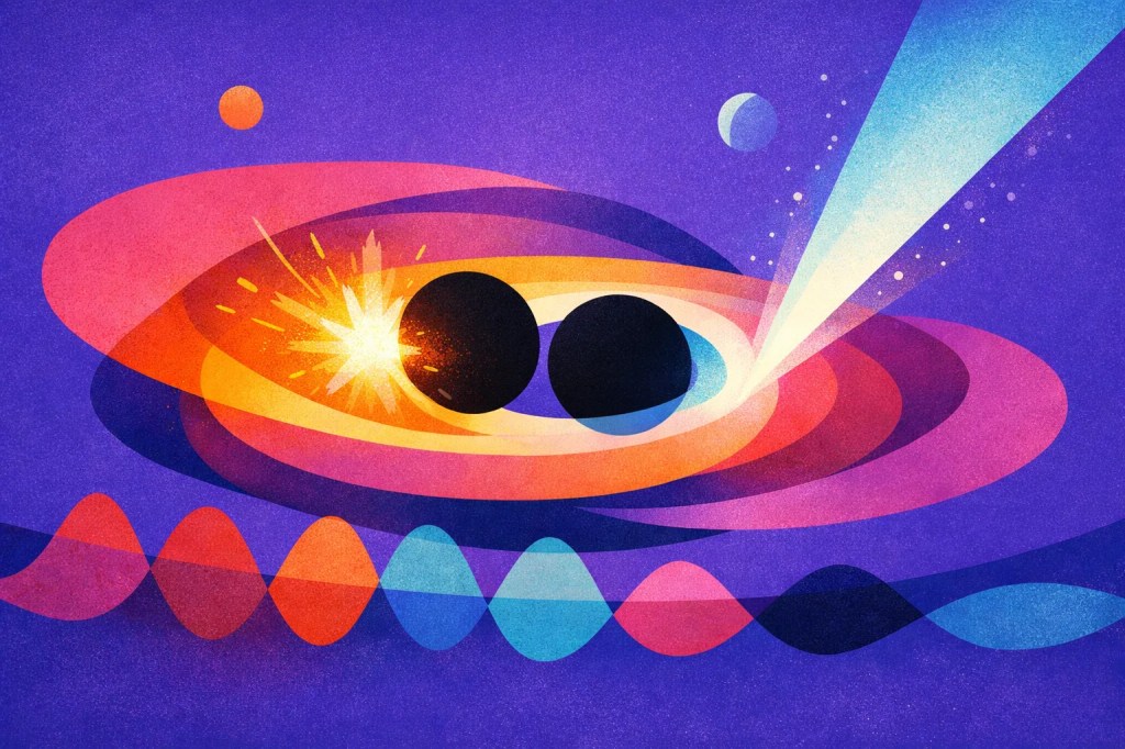 An abstract illustration depicting two black holes merging, surrounded by colorful waves and bursts of light against a purple background, symbolizing gravitational waves and cosmic phenomena.
