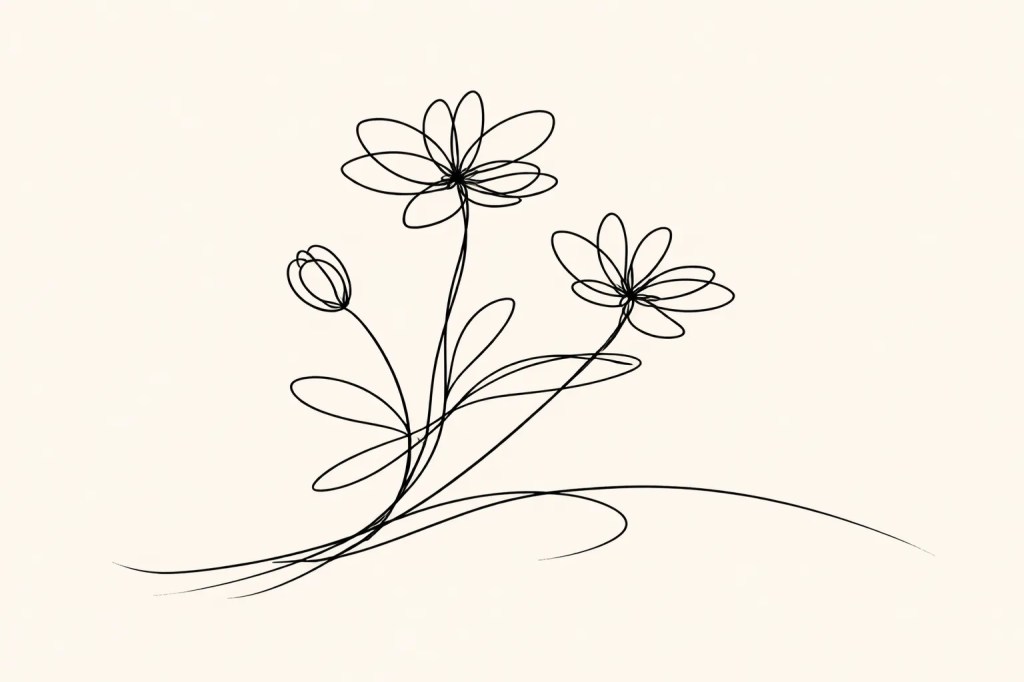 A minimalist line drawing of three flowers and a bud on a soft background.