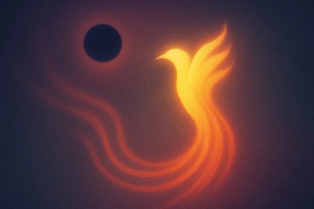 An abstract representation of a phoenix with flowing lines, set against a dark background with a small circular shadow resembling a celestial body.