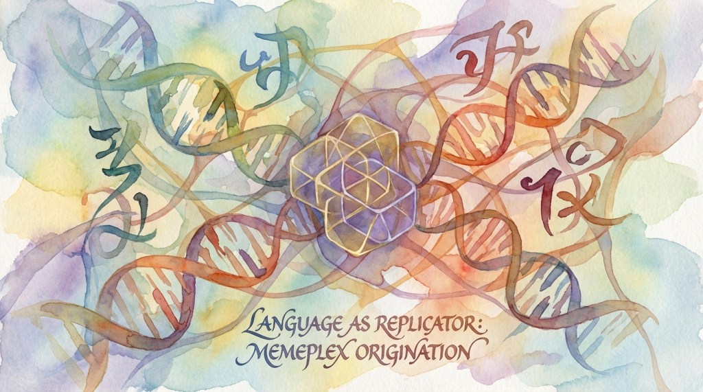 A colorful watercolor illustration featuring intertwined DNA strands and abstract symbols, with the text 'Language as Replicator: Memeplex Origination' prominently displayed.