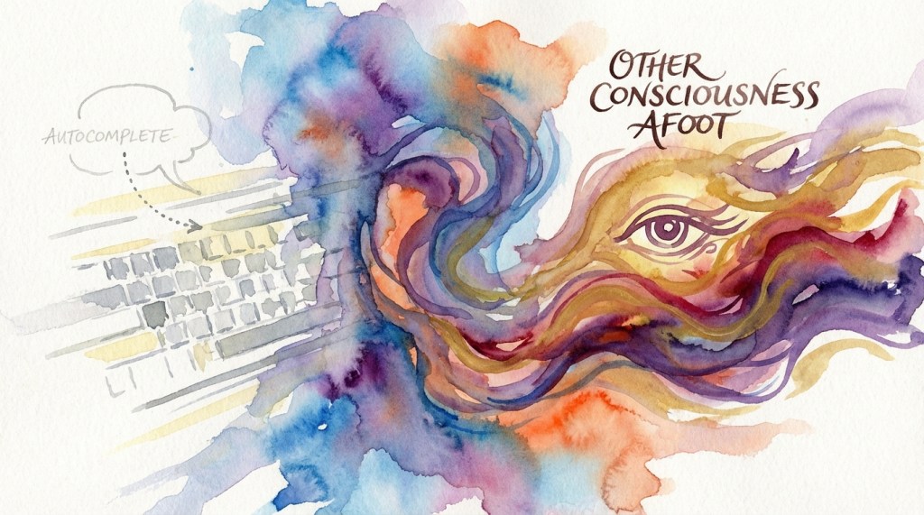 A colorful watercolor illustration depicting abstract swirling patterns and an eye, with the text 'Other Consciousness Afoot' and a keyboard suggesting 'Autocomplete'.