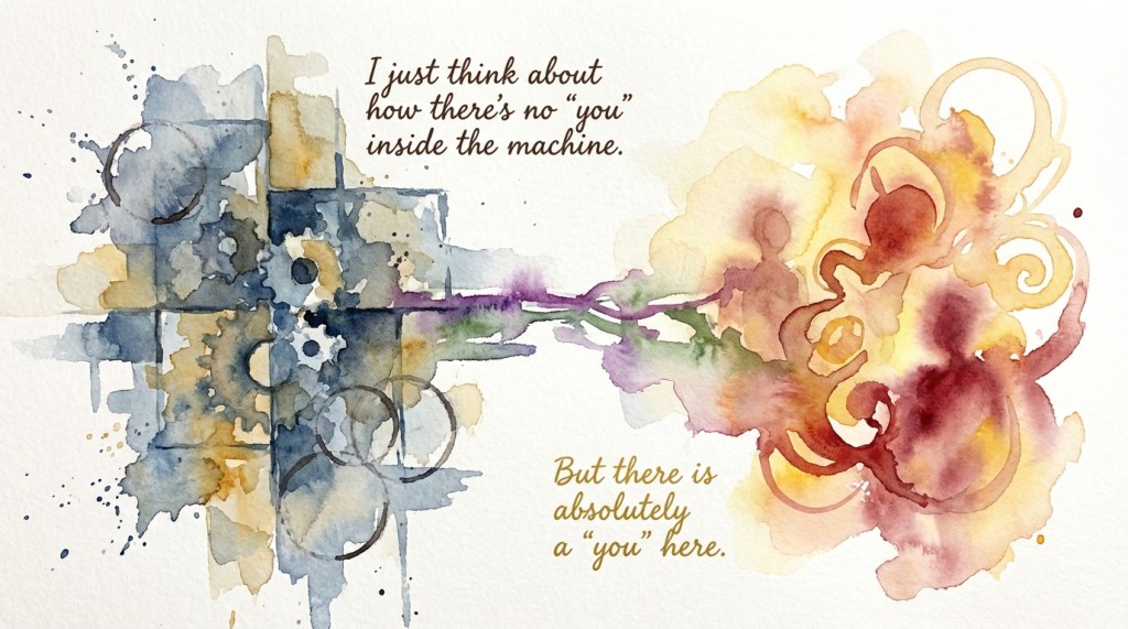 A watercolor painting featuring abstract shapes, gears, and floral elements, accompanied by the text: 'I just think about how there's no 'you' inside the machine. But there is absolutely a 'you' here.'