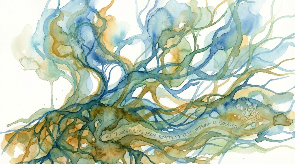 A colorful abstract watercolor painting featuring intertwining lines and shapes in blue, green, and brown tones, with the quote 'ALL THOUGHT RISES FROM SOMETHING ELSE, NOTHING IS ISOLATED' prominently displayed.