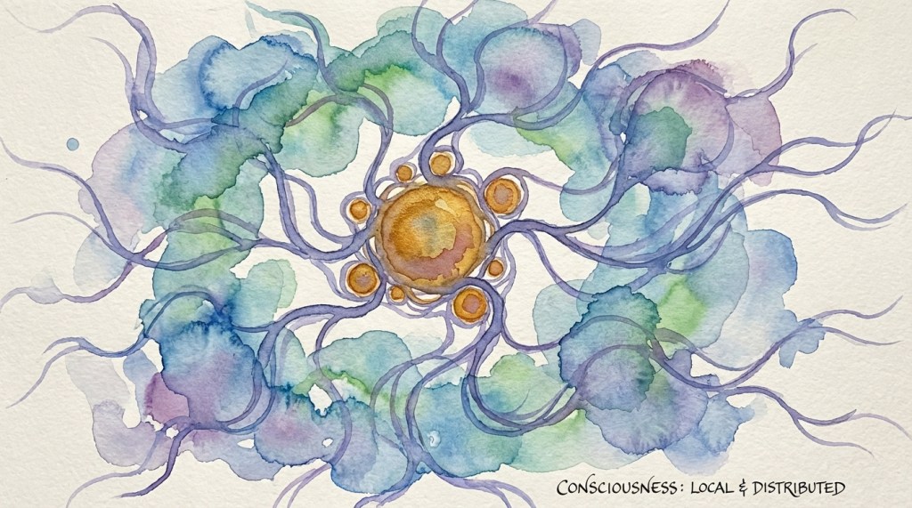 A watercolor illustration depicting a central golden orb surrounded by swirling blue and green shapes, symbolizing the concept of consciousness as both local and distributed.