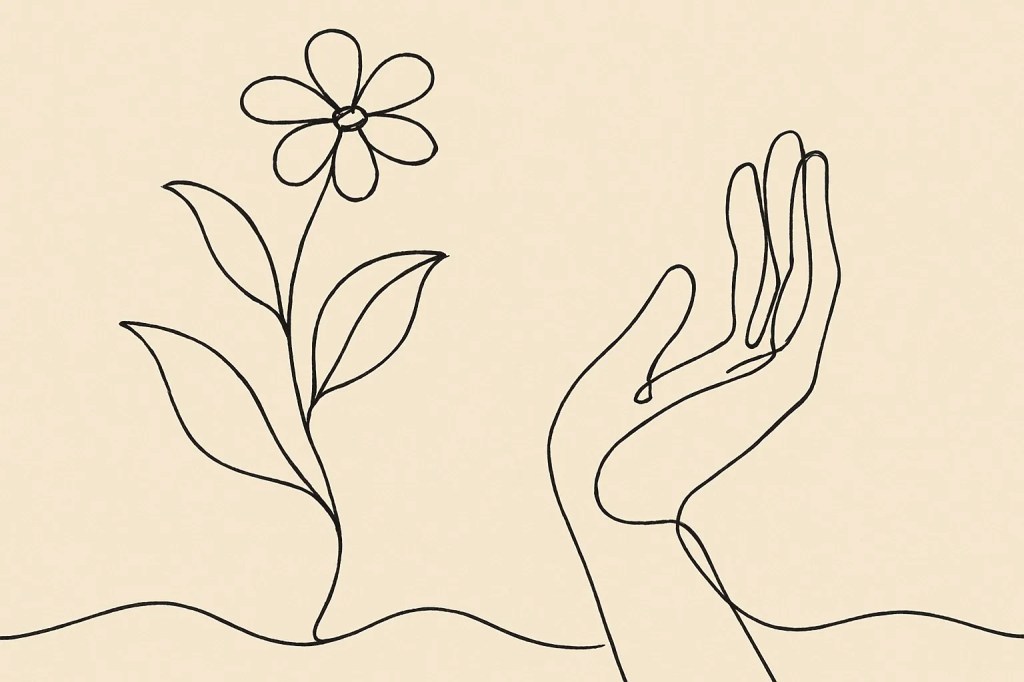 A simple line drawing of a hand reaching out towards a flower, with leaves and a soft background.