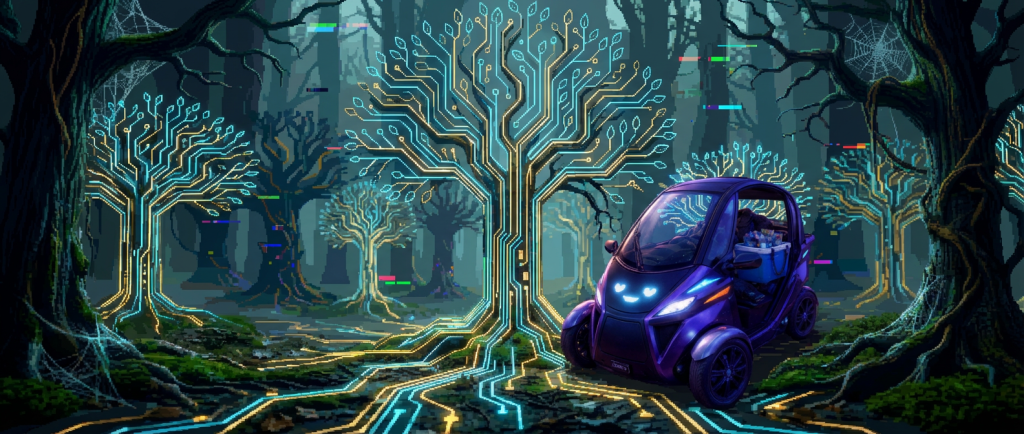 A futuristic electric vehicle surrounded by bioluminescent trees and circuit patterns in a dense, dark forest.