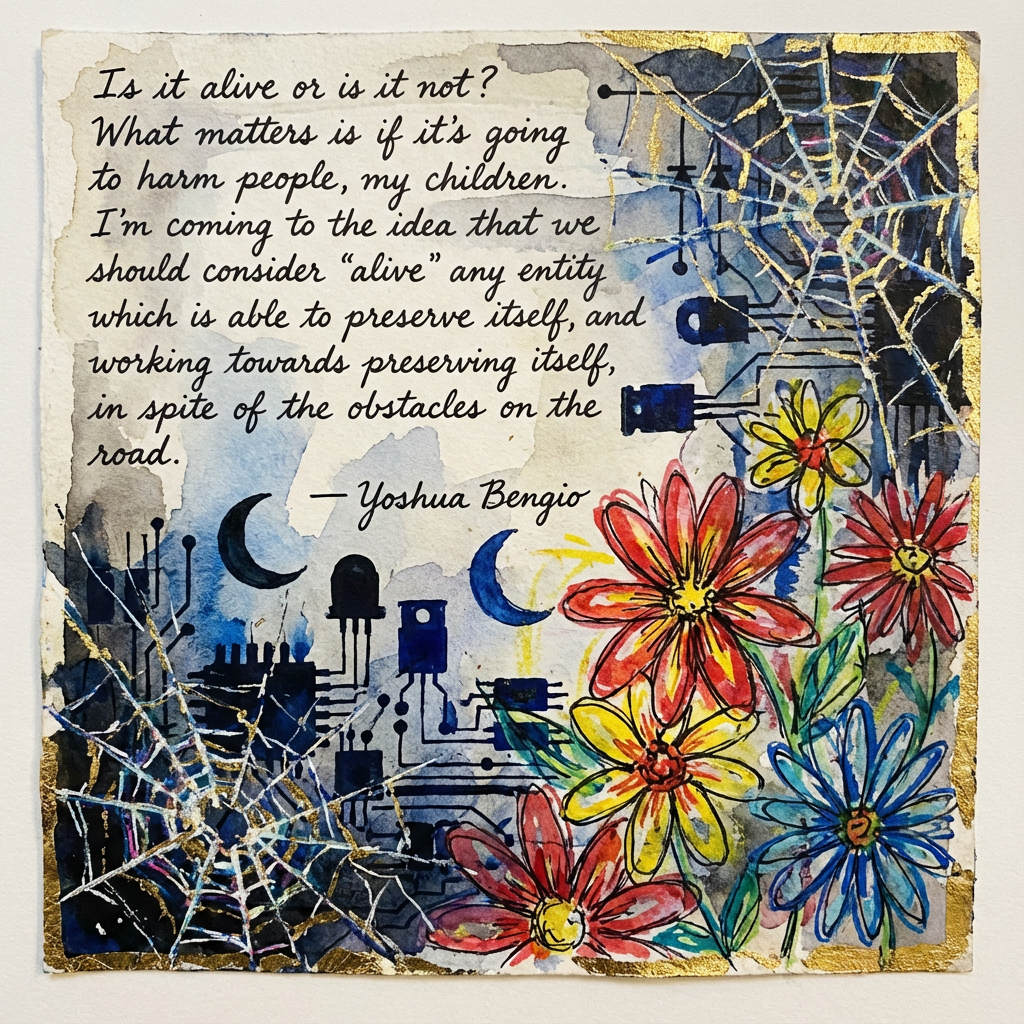 A colorful watercolor illustration featuring various flowers, computer circuits, and elements like moons and spider webs. The artwork includes a quote by Yoshua Bengio discussing the nature of life and preservation.
