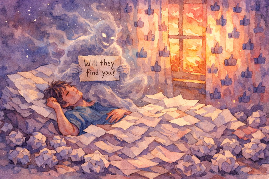 A boy lies asleep on a bed of crumpled paper, while a ghostly figure hovers nearby holding a sign that reads 'Will they find you?'. Light emanates from a window with curtains displaying thumbs-up icons.