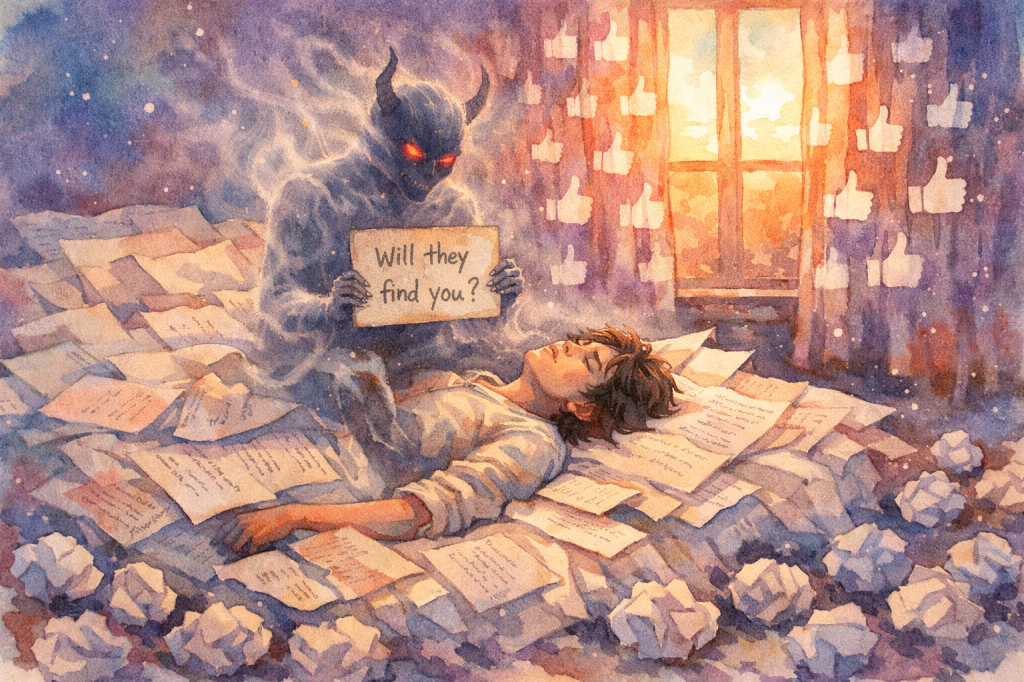 A ghostly figure with glowing red eyes holds a sign reading 'Will they find you?' above a person lying on a bed covered in crumpled papers and notes, with a window showing a sunset and curtains adorned with thumbs-up symbols.