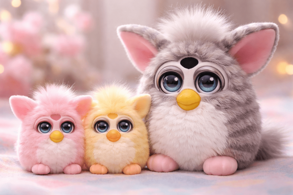 A group of three colorful Furby toys: a large gray-striped Furby with a white belly, and two smaller ones in pink and yellow, set against a soft pastel background.