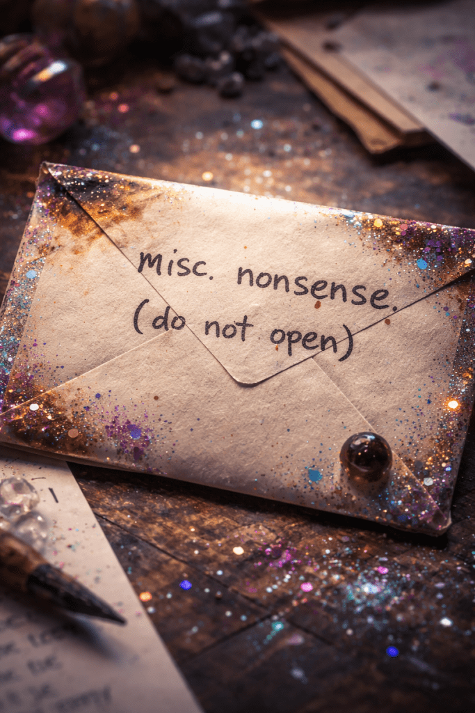 An envelope labeled 'misc. nonsense, (do not open)' decorated with glitter on a wooden surface, surrounded by a pen and papers.