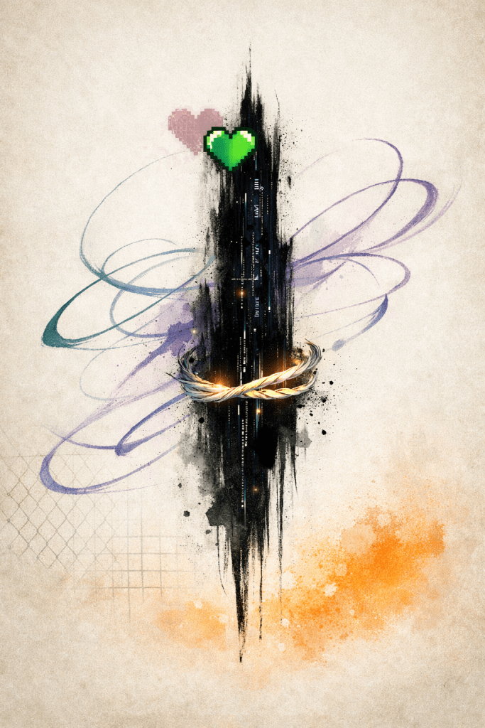 An abstract digital artwork featuring pixel heart icons, swirling colorful lines, and a central dark tower with glowing elements, set against a textured background.