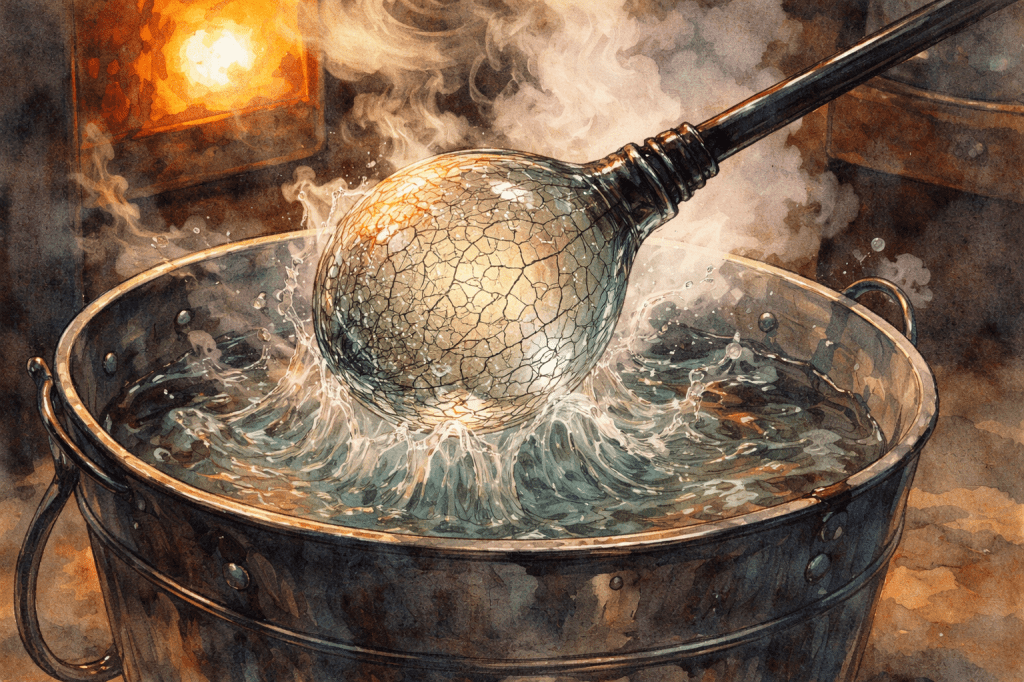 A cracked spherical glass object being immersed in a water-filled metal bucket, with steam rising around it.