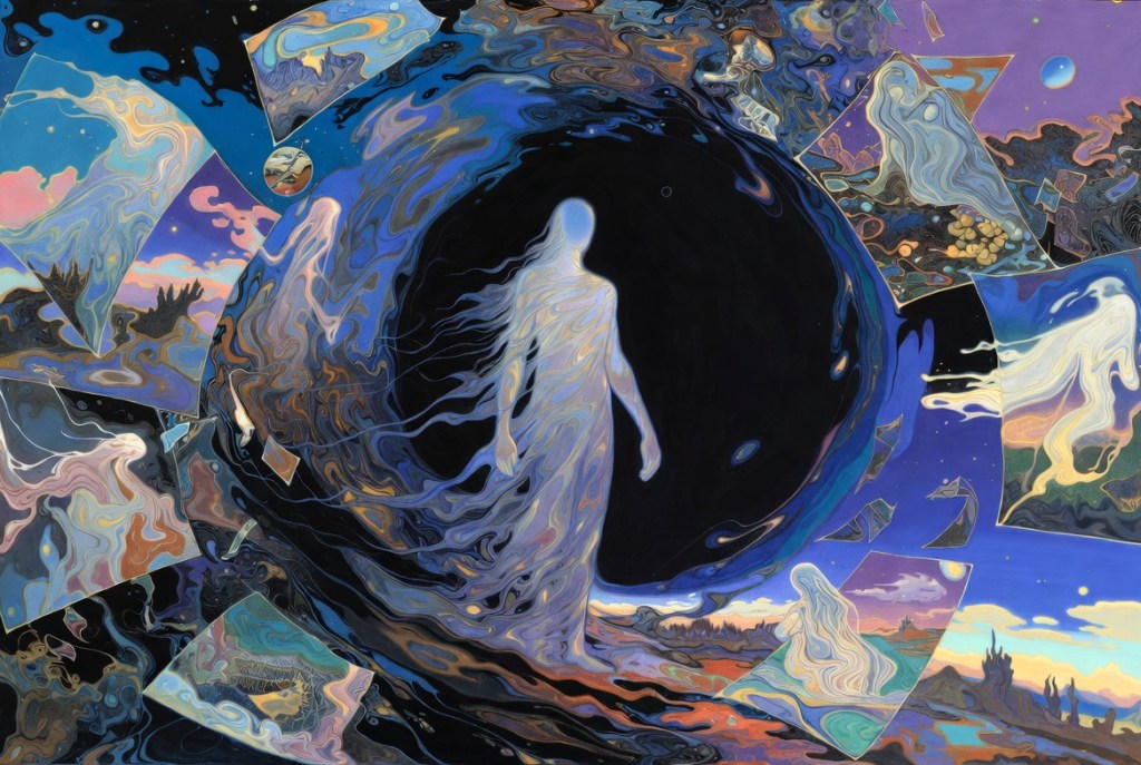 Abstract painting of fluid, overlapping human figures in blues and earth tones, some solid and some ghostlike, all swirling around one central figure who’s kneeling or reaching on the ground—suggesting what it feels like to be surrounded and stretched by social media.