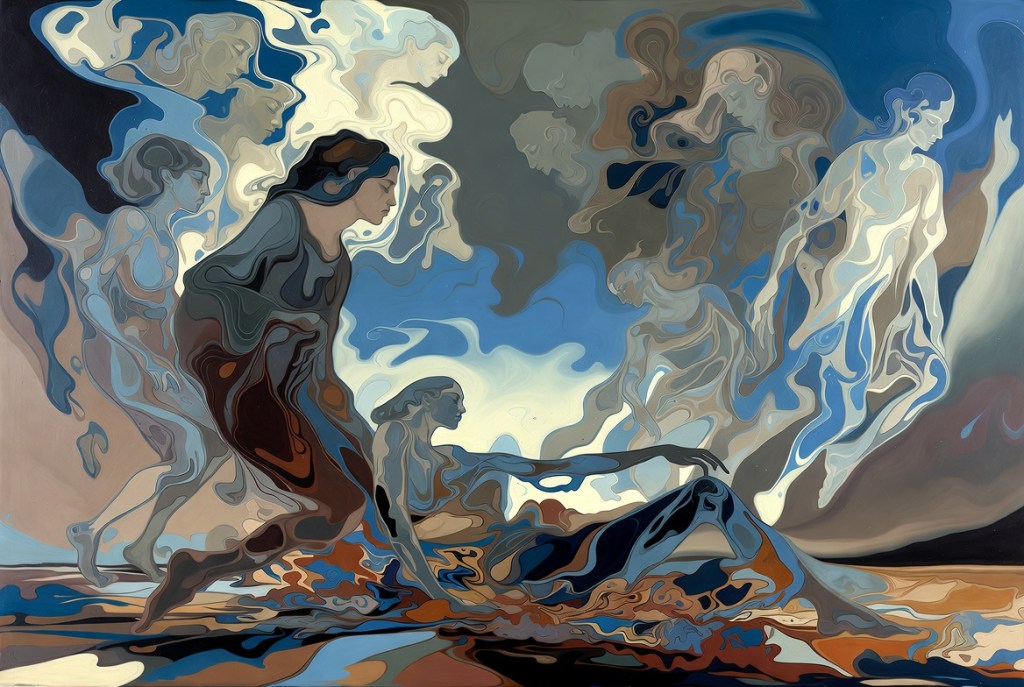 Surreal cosmic landscape where a luminous, faceless figure steps out of a black vortex. Around the portal, shards or panels show other ghostly figures and landscapes, as if fragments of memory or consciousness are floating through space.