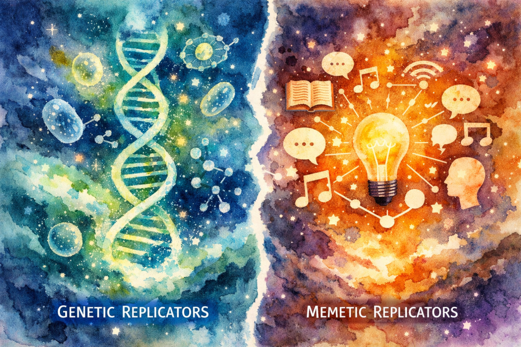 A colorful watercolor illustration contrasting genetic replicators, represented by a DNA strand and cells against a blue backdrop, and memetic replicators, depicted with a light bulb and various symbols of communication and creativity on an orange backdrop.