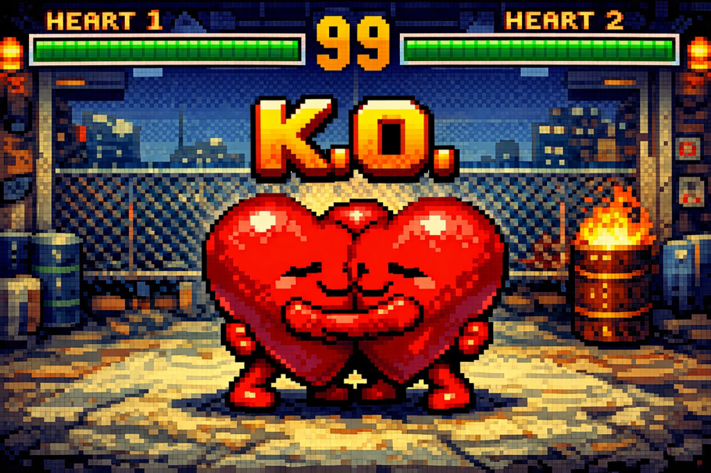 Two pixelated red hearts hugging in a fighting game environment, with a K.O. message displayed above and heart health indicators on the sides.