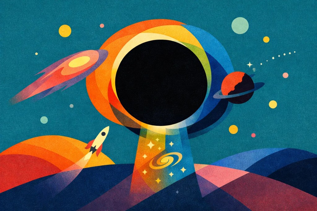 An artistic depiction of a black hole surrounded by colorful planets, stars, and a rocket, illustrating a cosmic scene.