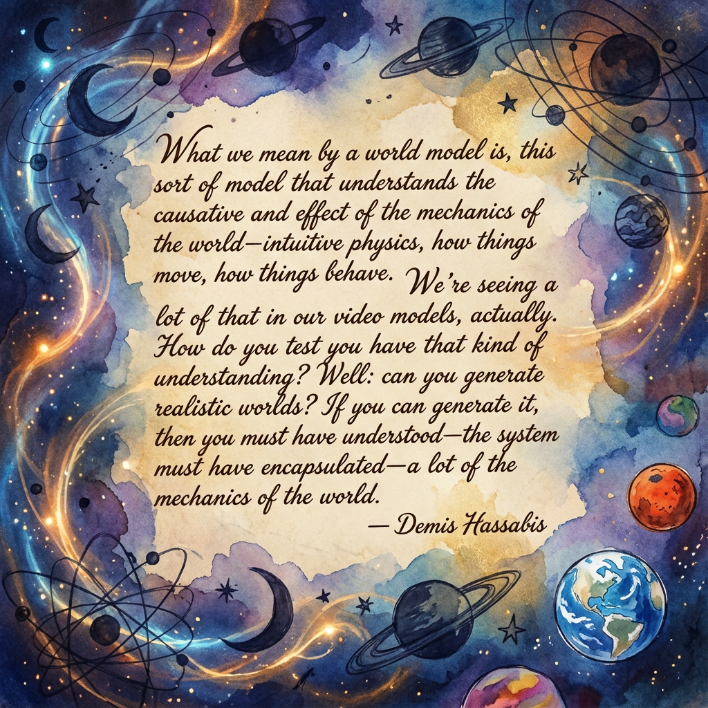 A cosmic-themed illustration featuring a colorful starry background with planets, moons, and swirling galaxies. Overlaid is a quote by Demis Hassabis discussing world models and understanding mechanics of the universe.