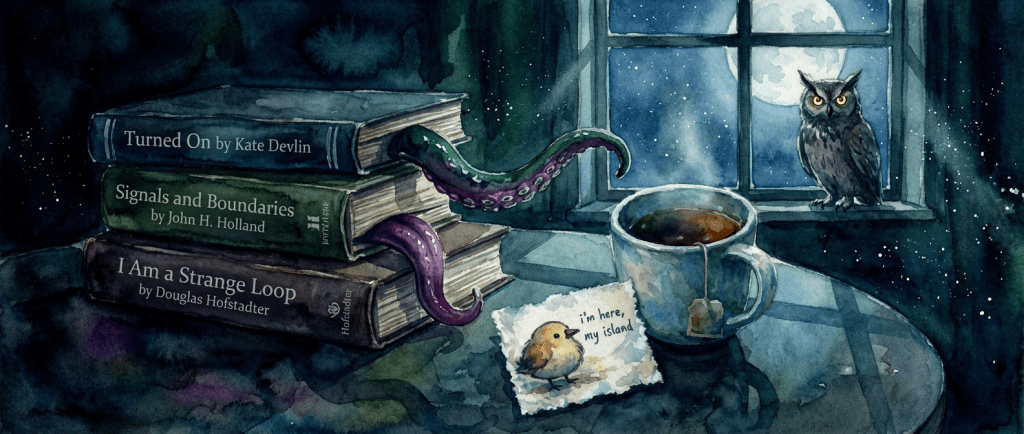 A cozy nighttime scene featuring three stacked books with titles visible, a cup of tea, and a piece of paper with a drawing of a bird on it. An owl is perched by the window, which shows a bright moon and stars in the background. One of the books has a colorful tentacle emerging from it, adding a whimsical touch.