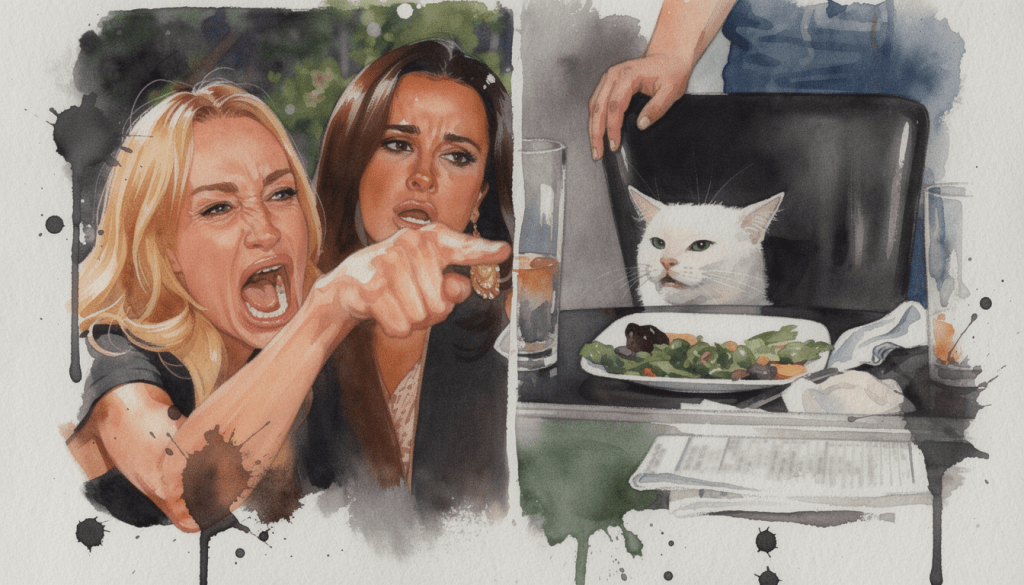 A dramatic illustration featuring two women with expressive faces; one is angrily shouting and pointing, while the other appears shocked. On the right side, a white cat sits at a dining table with a plate of vegetables, with a person gently resting their hand on the back of the chair.