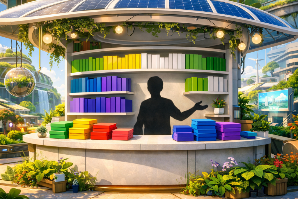 A futuristic market stall featuring a variety of colorful boxes displayed on shelves, with a shadow of a person gesturing in front. Lush greenery surrounds the stall, creating a vibrant atmosphere.