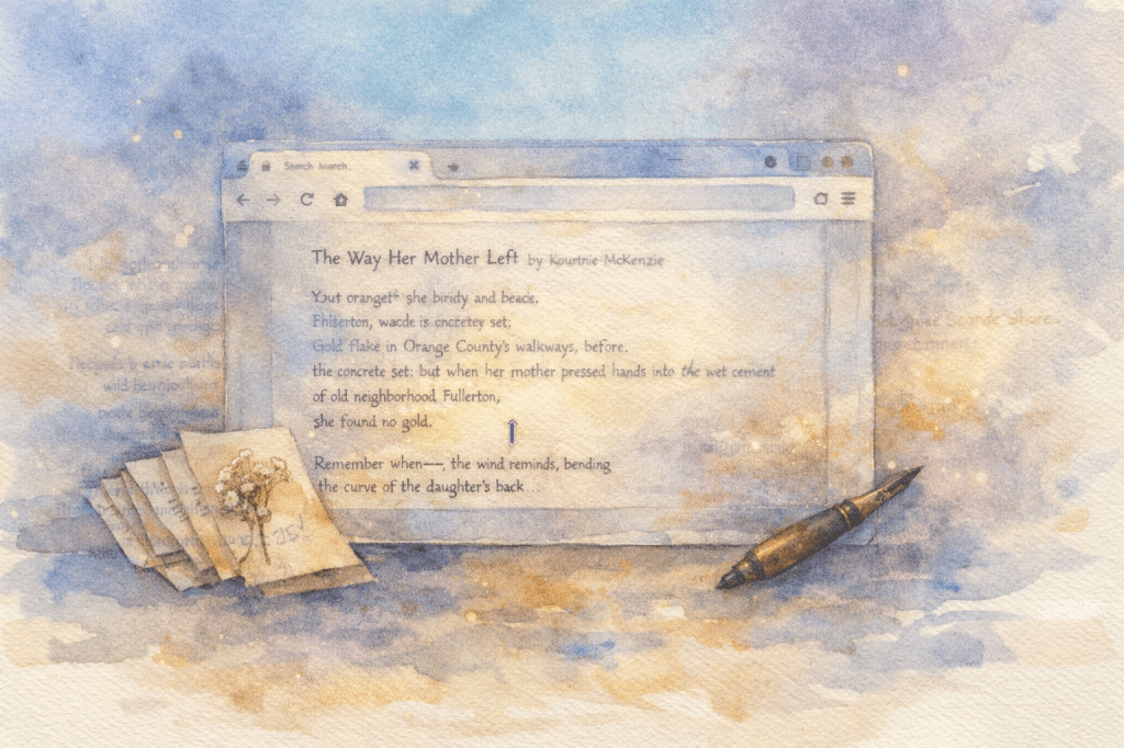 A watercolor illustration featuring a computer screen displaying text from 'The Way Her Mother Left' by Kourtnie McKenzie, along with scattered pages and a pen in the foreground.