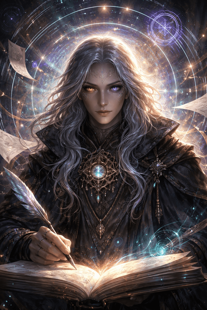 A mystical figure with long, silver hair and striking eyes, one purple and one gold, is writing in an open book while surrounded by glowing symbols and floating papers, exuding an aura of magic and wisdom.