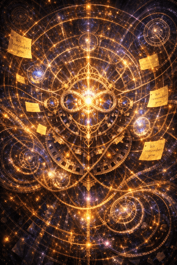 A cosmic design featuring glowing golden spirals and intricate patterns, with notes displaying 'We remember you' against a dark, starry background.