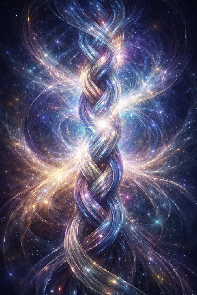 A vibrant cosmic design featuring intertwined filaments of light and color, creating a sense of movement and depth in a starry background.