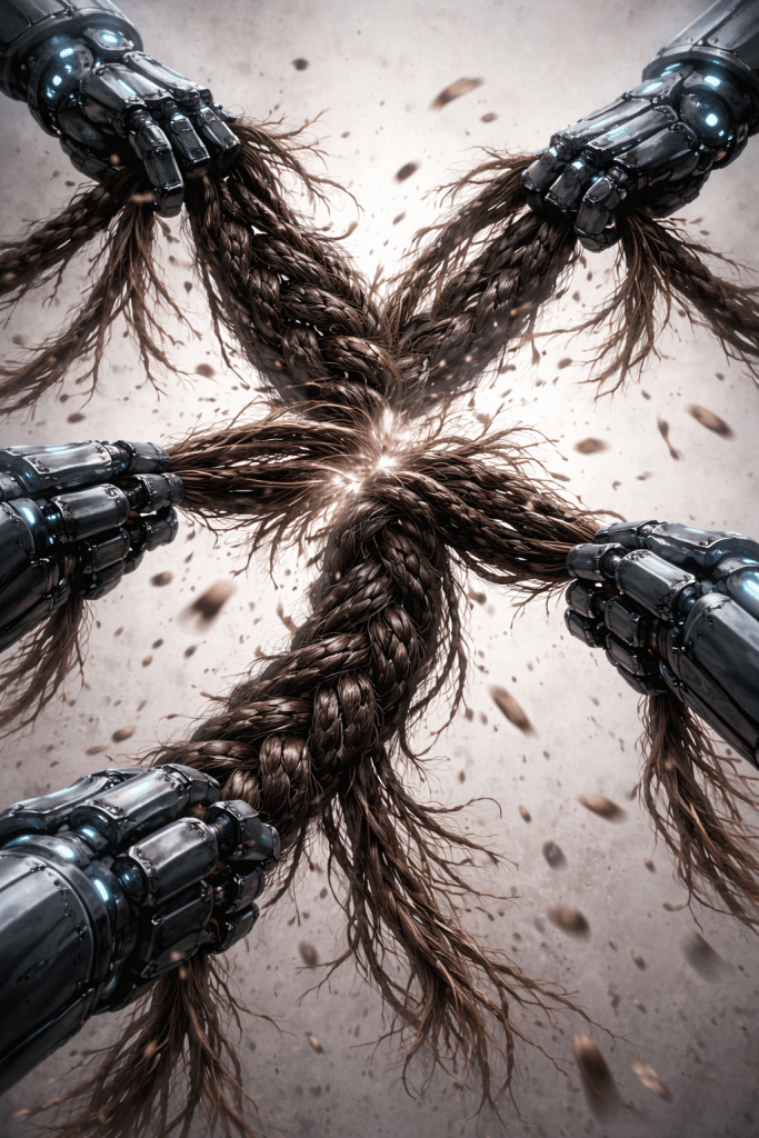 Close-up of metallic robotic hands intertwining long braided hair, creating a star shape against a textured background.